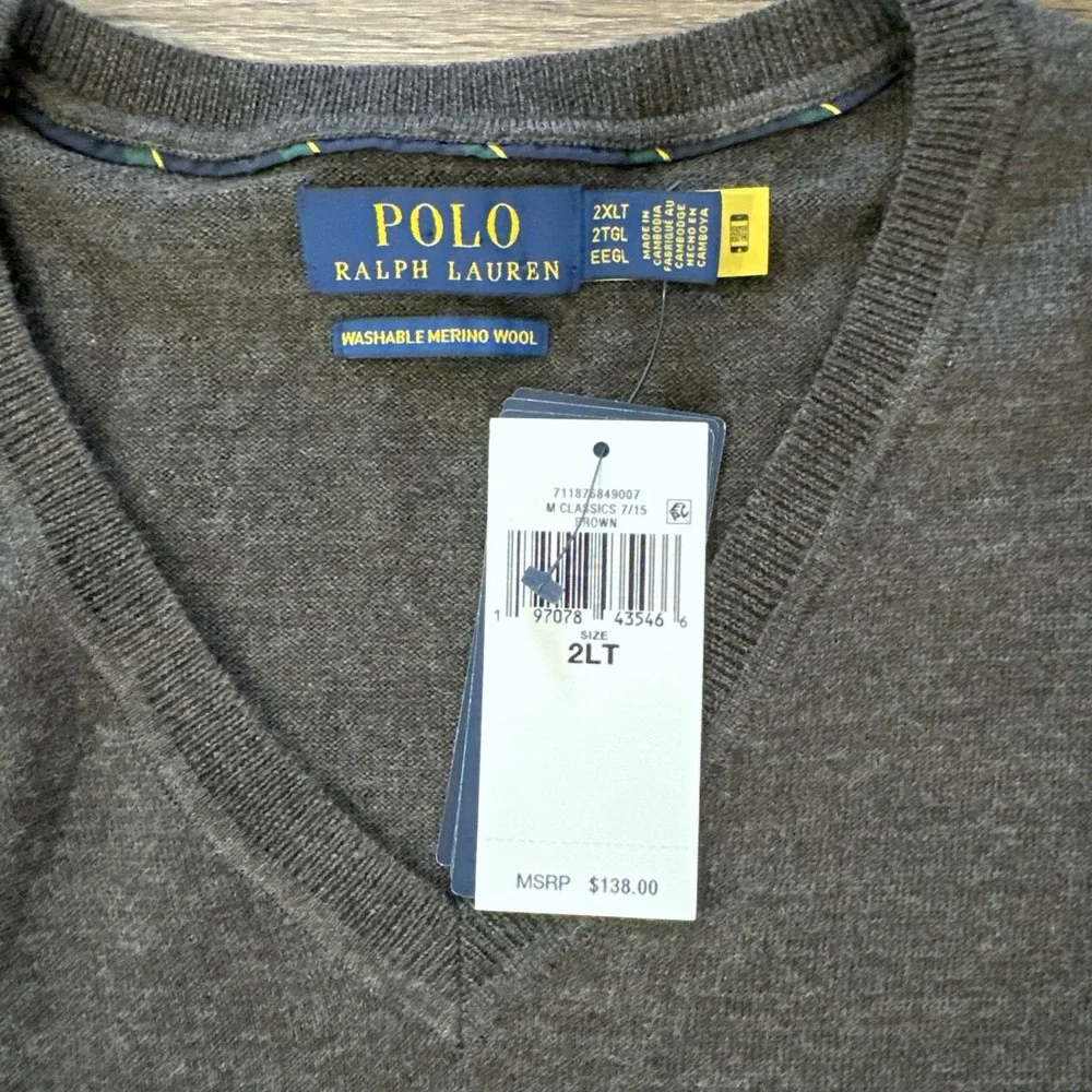 NWT Polo Ralph Lauren Washable Merino Wool‎ V Neck Sweater Men's Sz 2XLT Brown